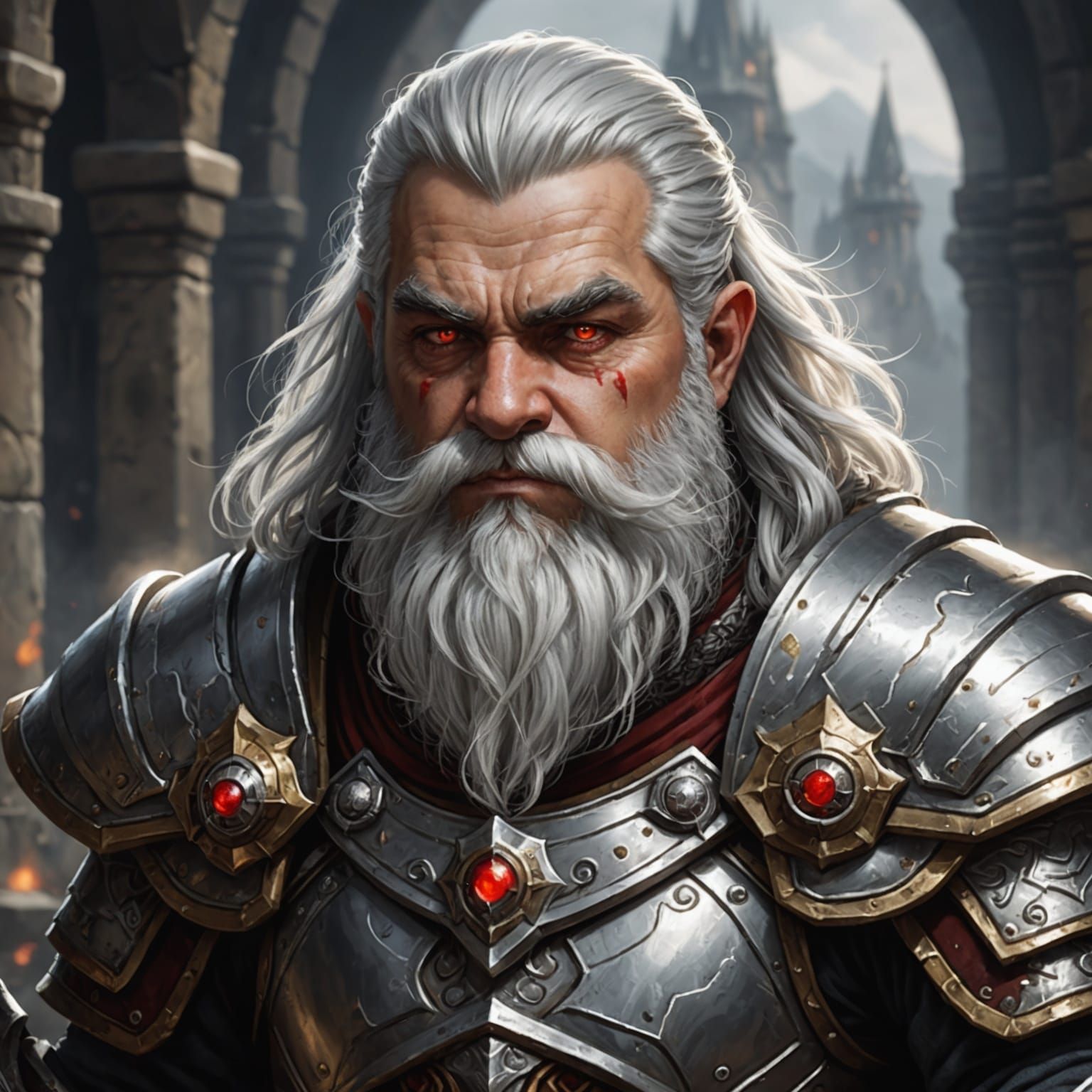 Dwarf Paladin with Silver Hair and Red Eyes