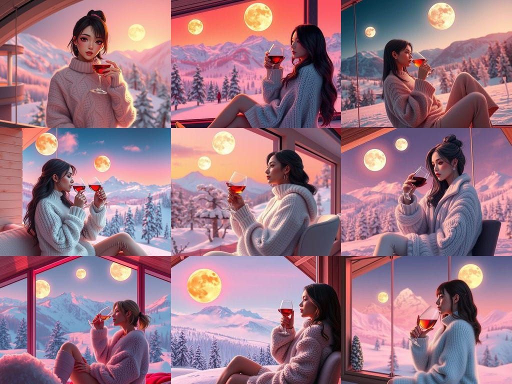 Exotic Woman in Futuristic Chalet with Twin Moons