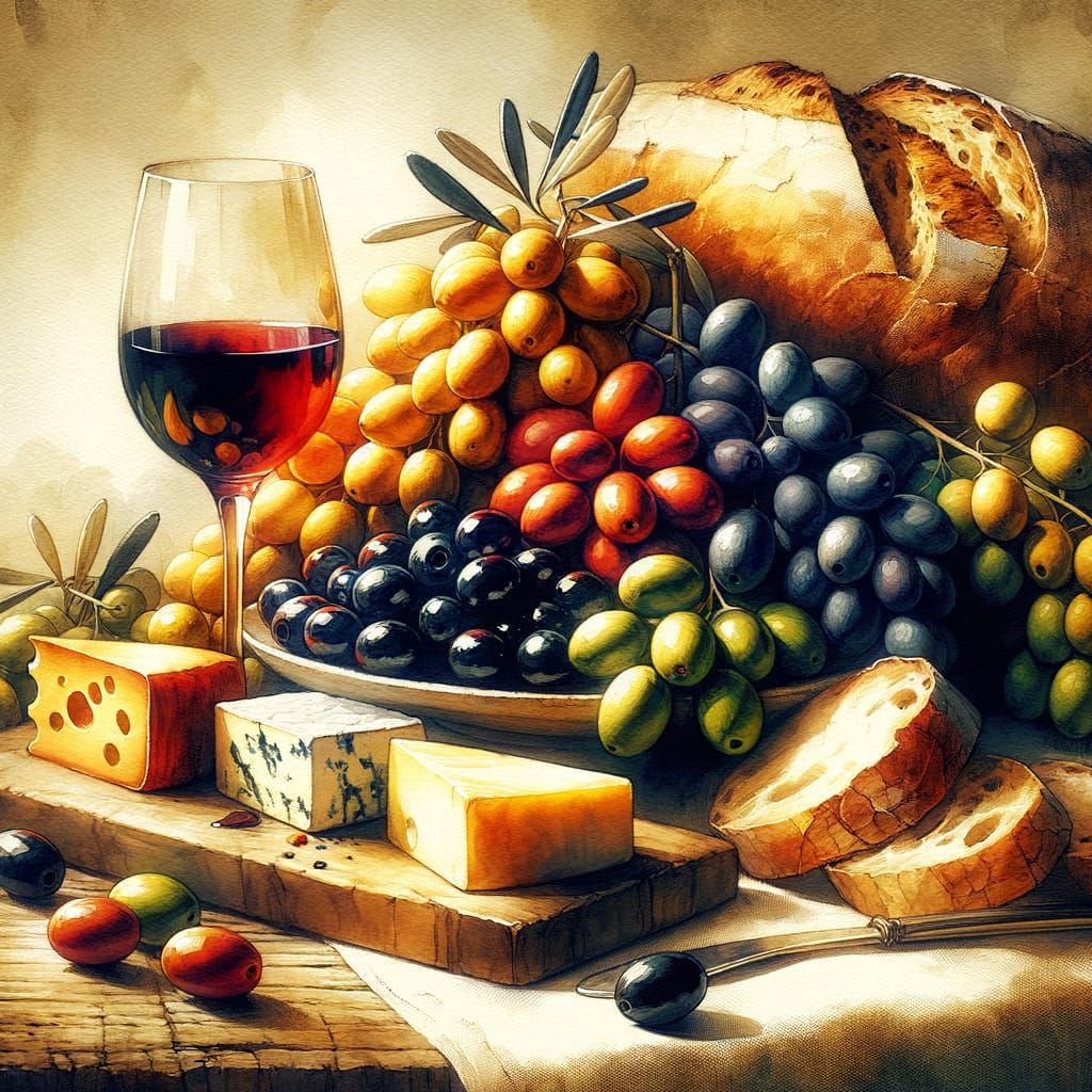 Renaissance-Style Watercolor Painting of Olives and Bread