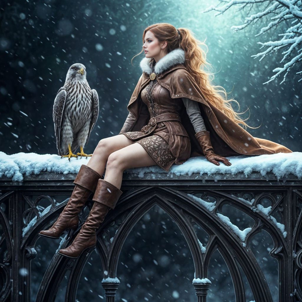 Elegant Huntress on Gothic Bridge with Majestic Falcon