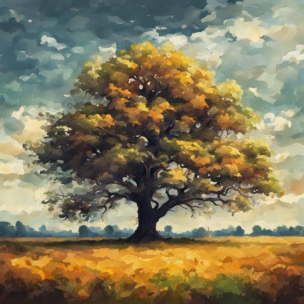 Lonely Tree in Field, Oil Painting Style