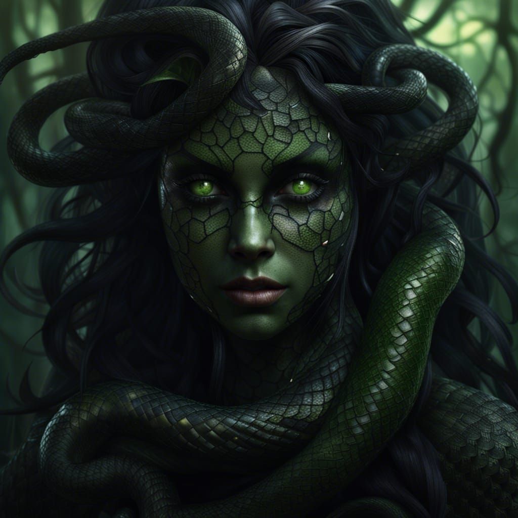 Dryad Portrait with Snake Hair, Dark Fantasy Concept Art
