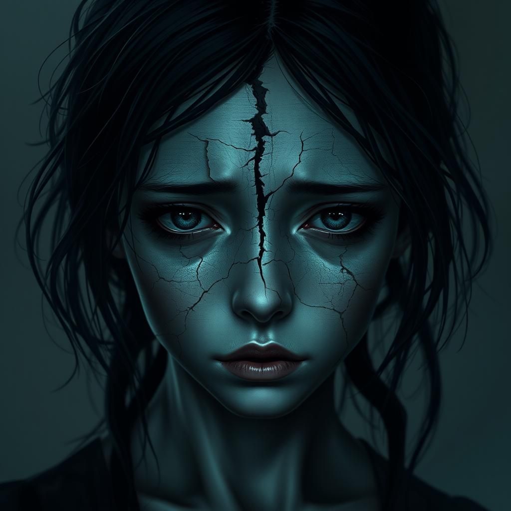 Sorrowful Girl with Fractured Face in Dark Fantasy Style