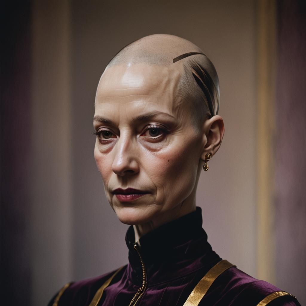 Striking Portrait of Bald Woman with Gold Stripes