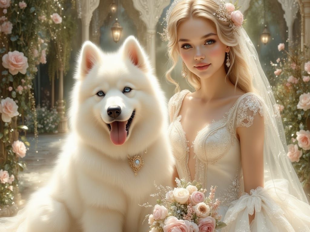 Samoyed Dog and Bride in Garden Wedding