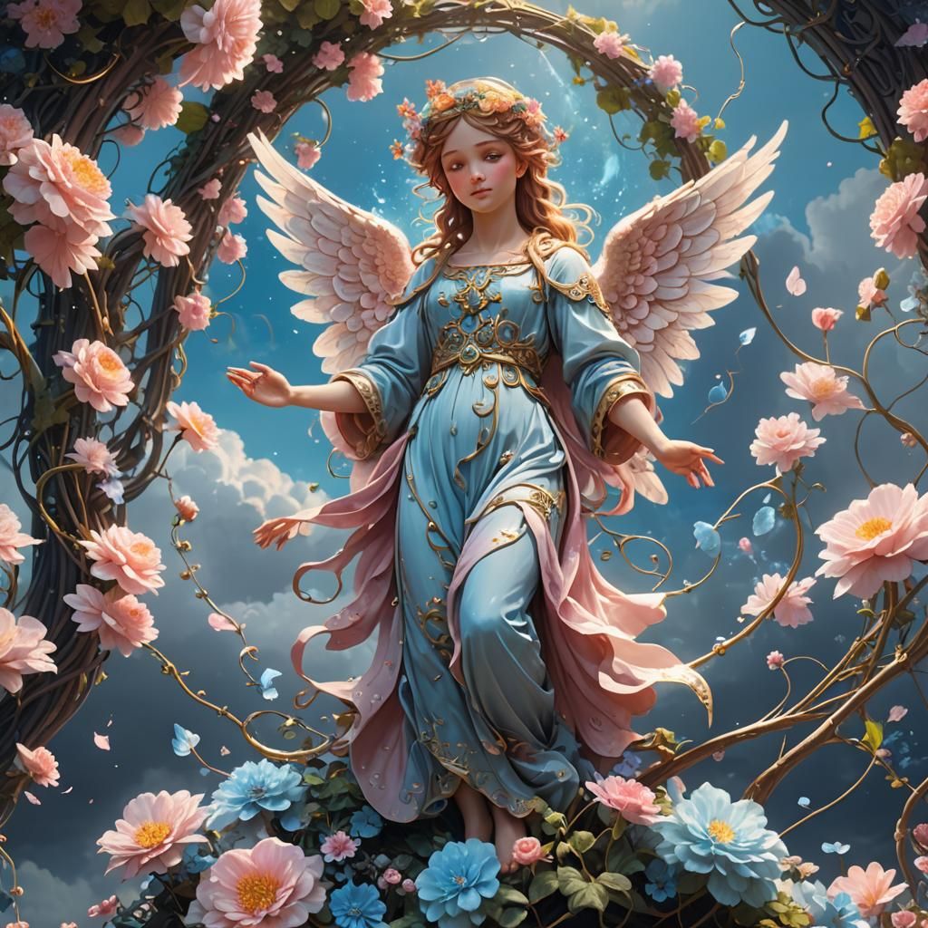 Ethereal Angel in Art Nouveau Fantasy Landscape