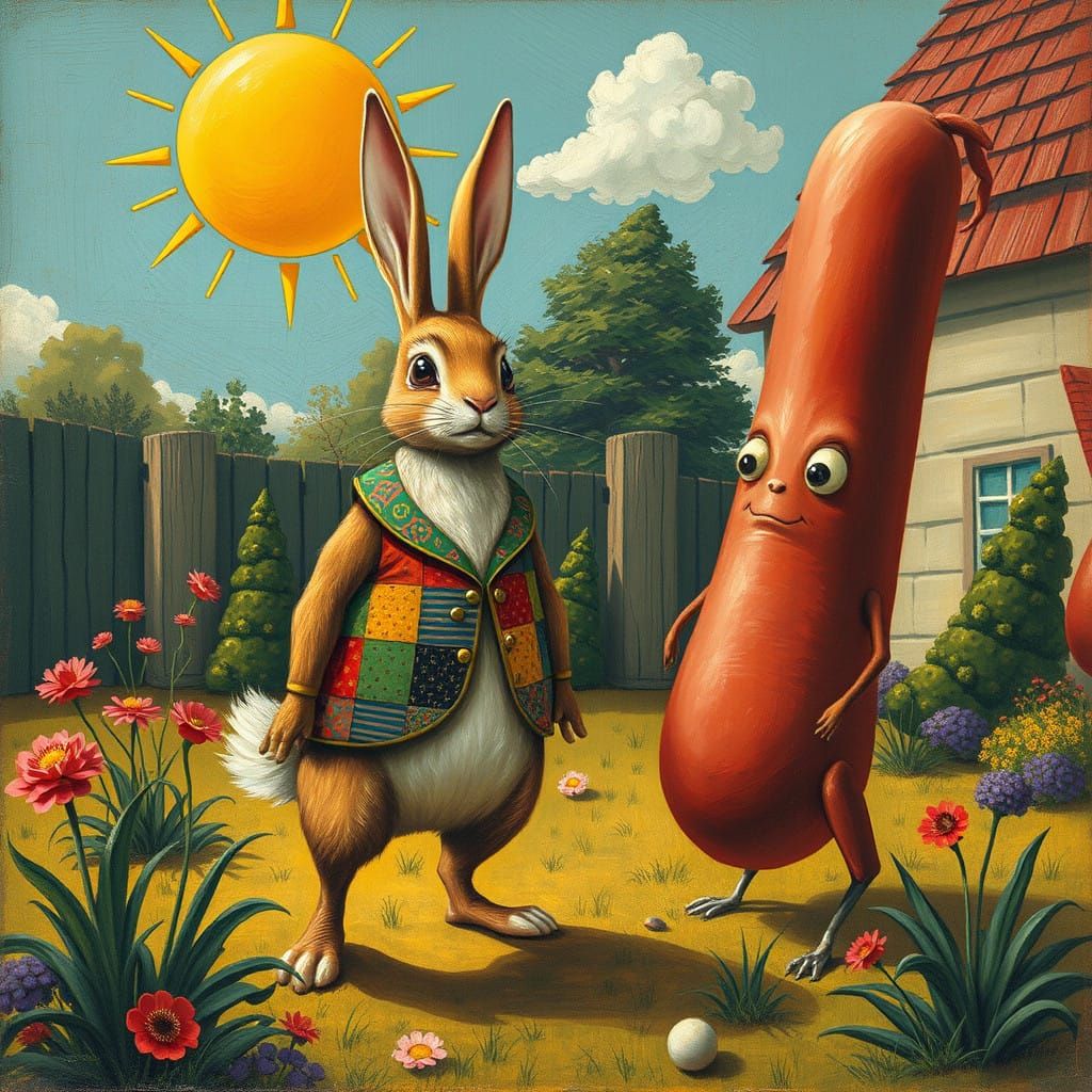 Vibrant Rabbit in Whimsical Yard Scene