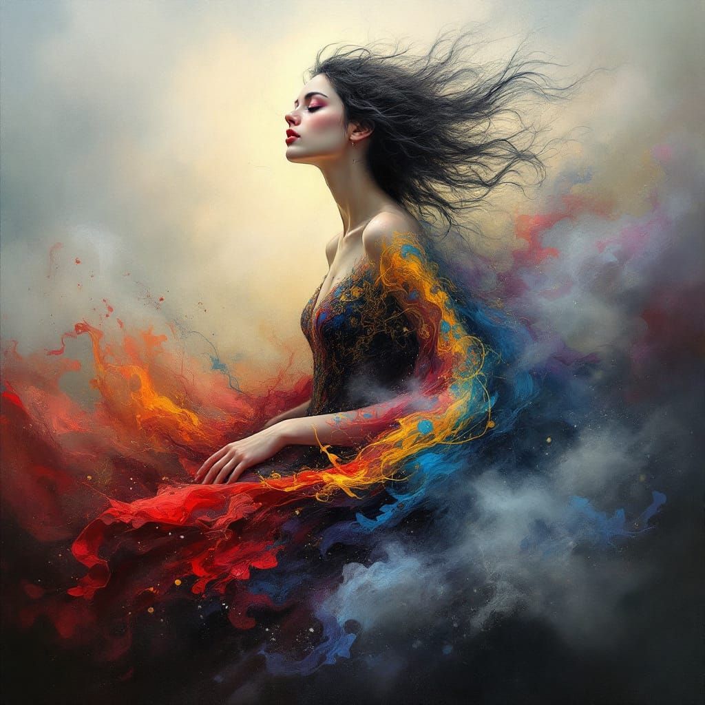 Ethereal Woman in Flowing Dress, Oil Painting
