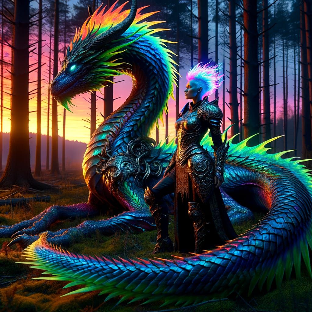 Iridescent Dragon and Neon-Haired Warrior in Gothic Forest