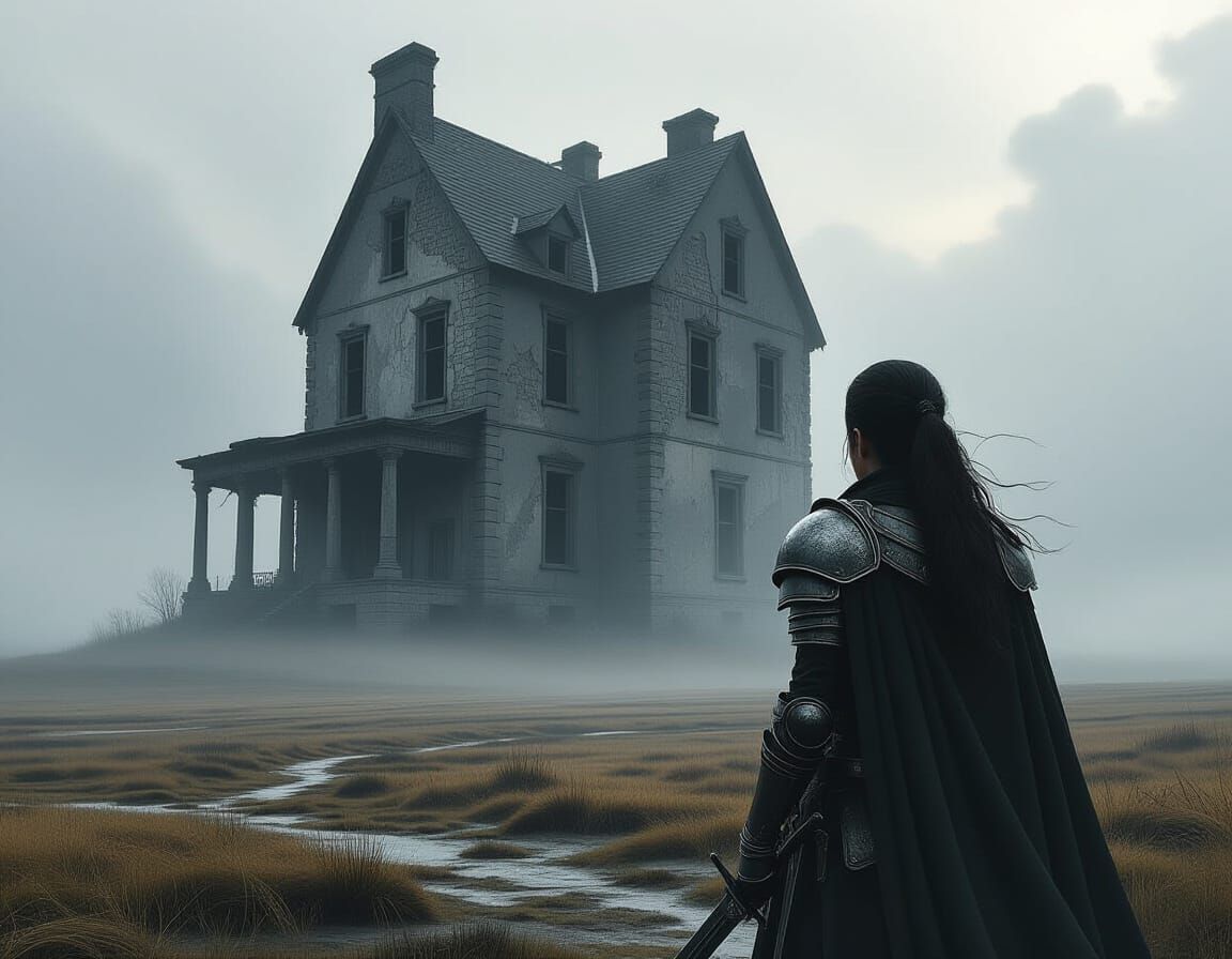 Warrior Woman Silhouetted Against Ancient House