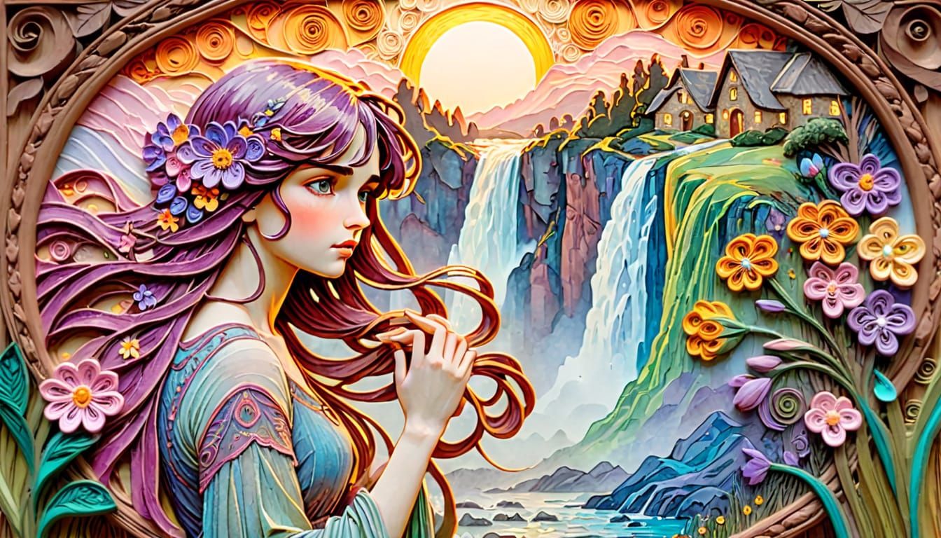 Embroidered Waterfall Cottage in Craft Surrealism Style