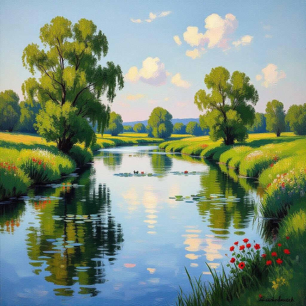 Serene River and Lake Landscape in Impressionistic Oil Style