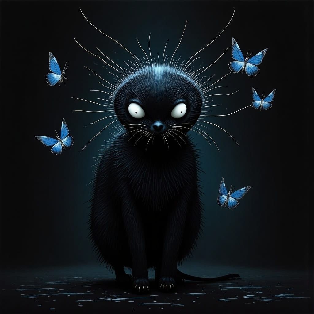 Eerie Cosmic Creature with Butterflies in Surreal Scene