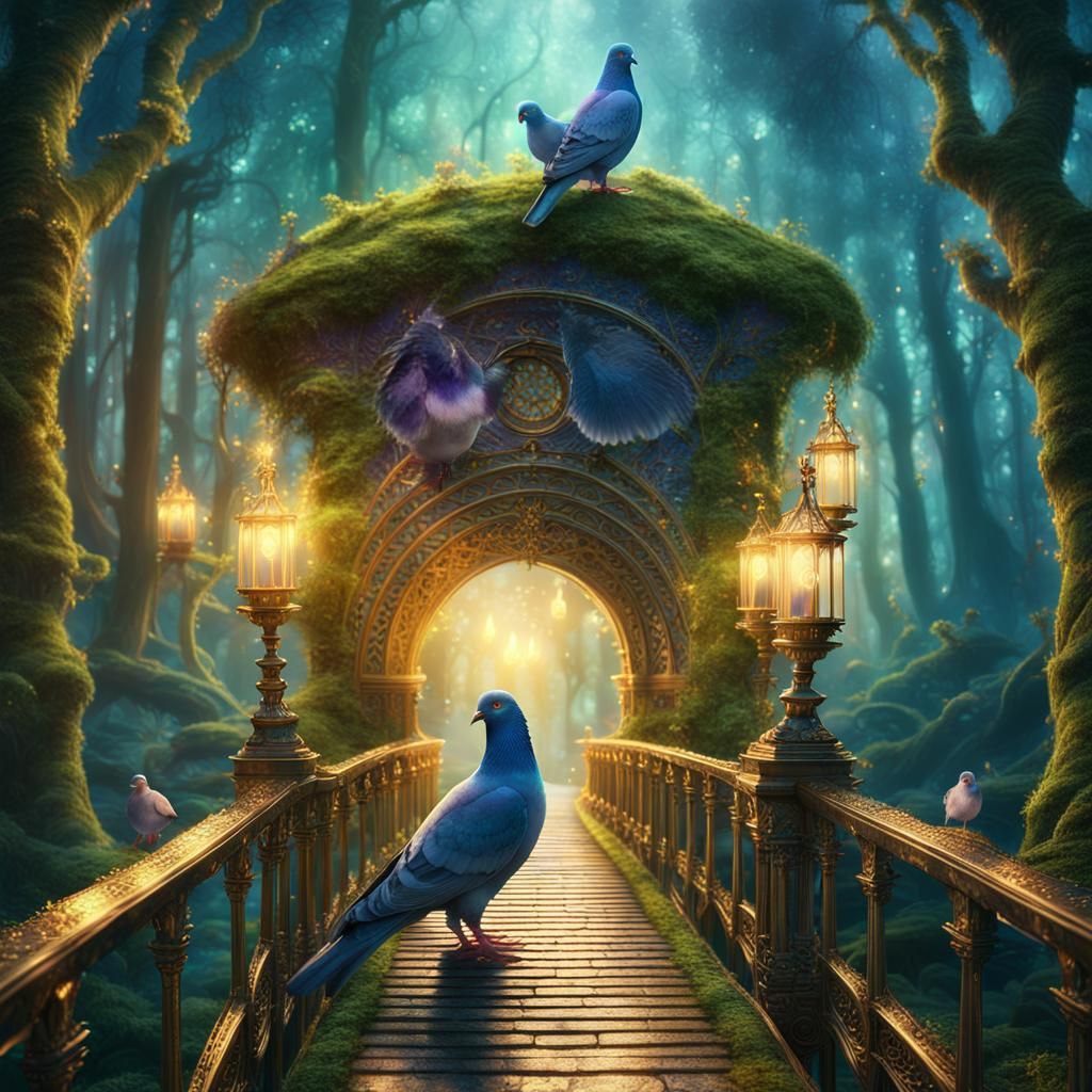 Pigeons on Mystical Bridge: Fantasy Concept Art