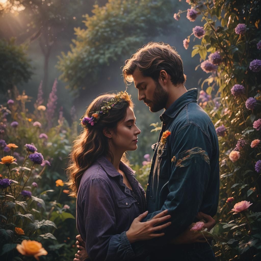 Romantic Embrace in Moonlit Garden: Cinematic Film Still