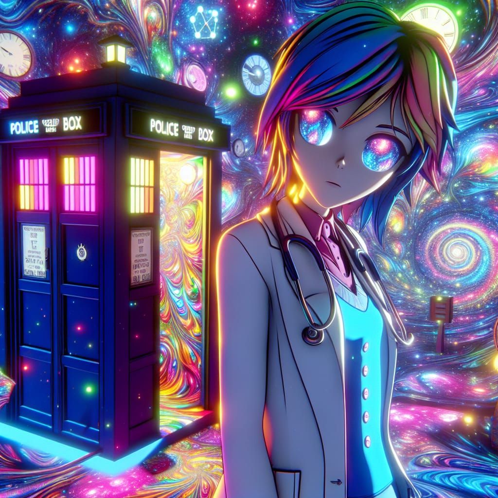 Anime Doctor in Psychedelic Time Vortex, 3D Cartoon