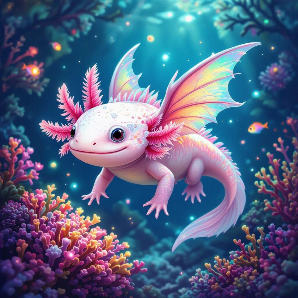 Whimsical Dragon-Axolotl in Bioluminescent Reef