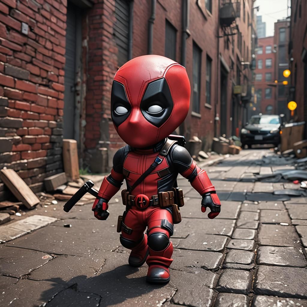 Chibi Deadpool in Dark Alley: 3D Digital Art