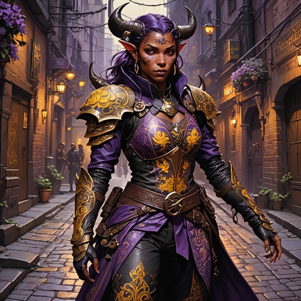 Tiefling Rogue in Dark Alleyway, Fantasy Art