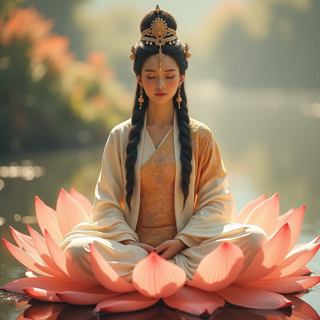 Serene Tibetan Woman on Lotus in Digital Art Style