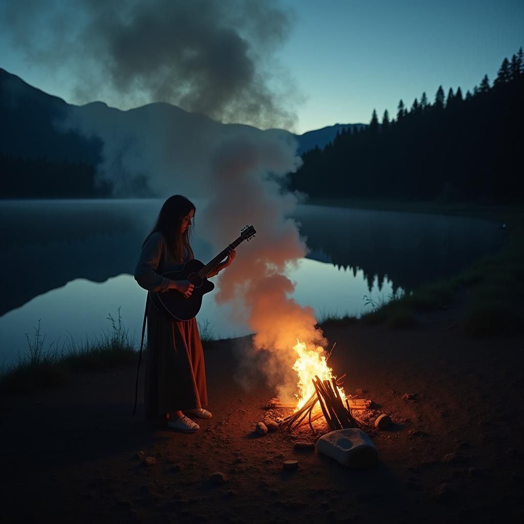Smoky Guitarist by Lake at Night