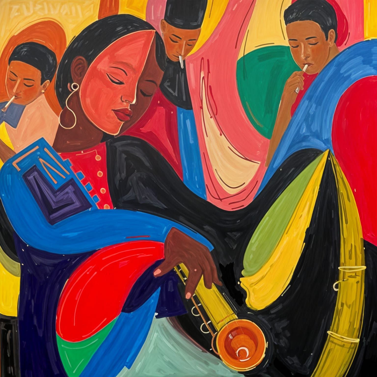 A painting of a jazz jam session. complex melodic lines, instrumental virtuosity, highly syncopated, linear rhythmic com...