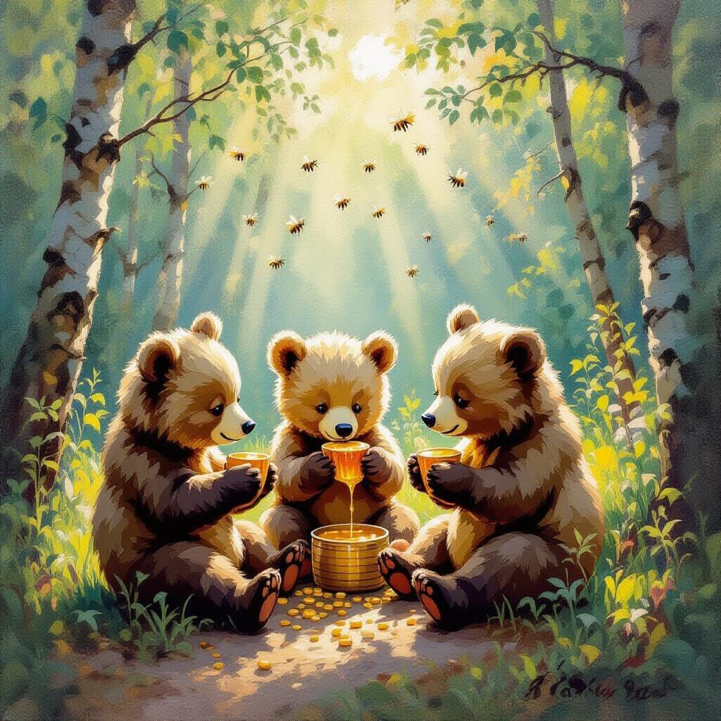 Three Bear Cubs Eating Honey in a Sunlit Forest