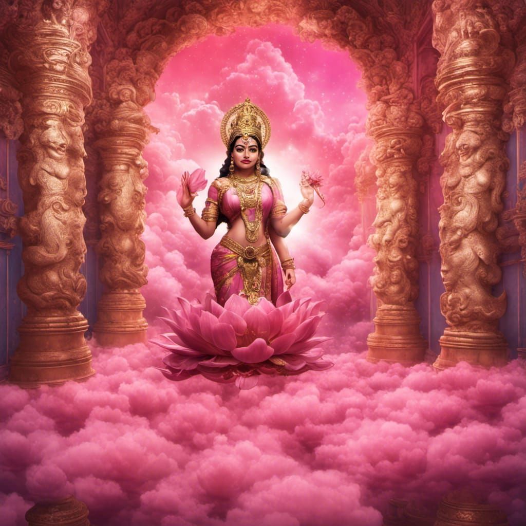 Goddess Lakshmi in Pink Lotus Tunnel: Hyperrealistic Art