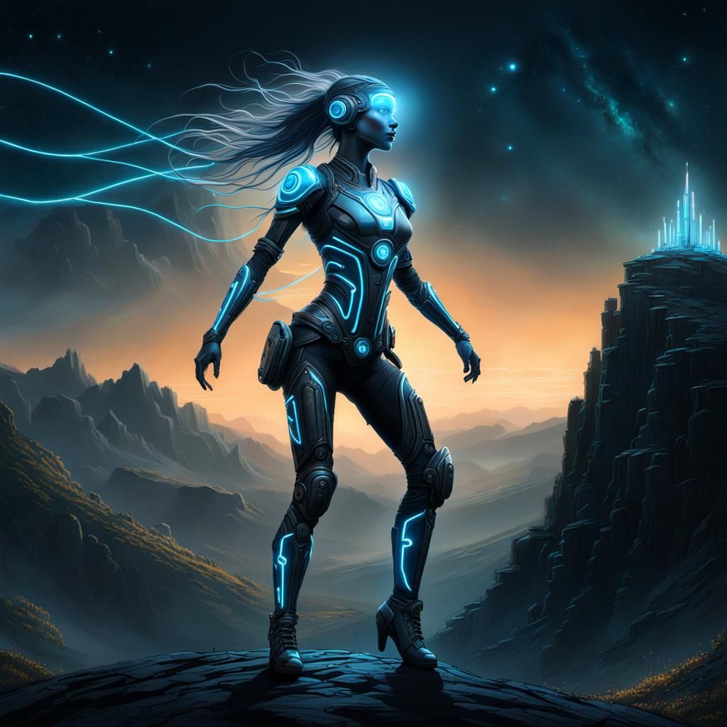 Coal Cyborg Dancing on Starlit Hill