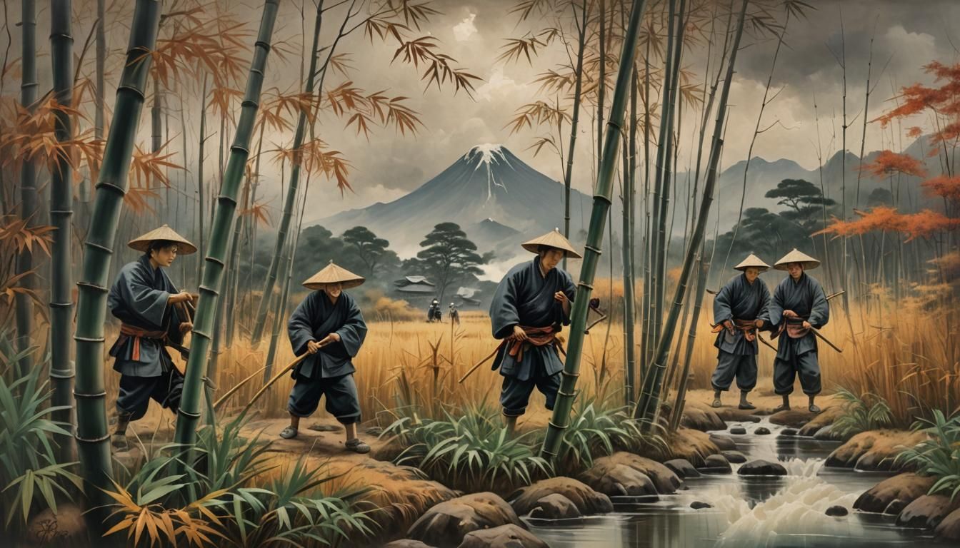 Japanese Bamboo Cutters in Autumn: Vintage Oil Painting