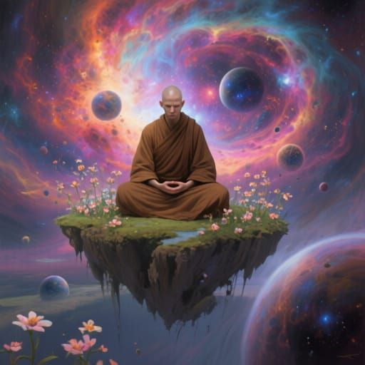 Monk Meditating Among Blooming Universes