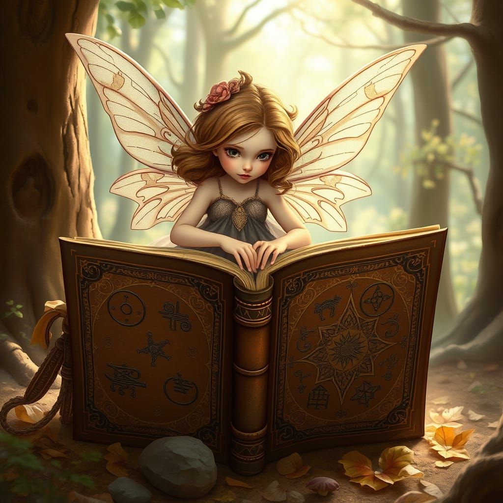Fairy Struggles with Ancient Tome in Enchanted Forest