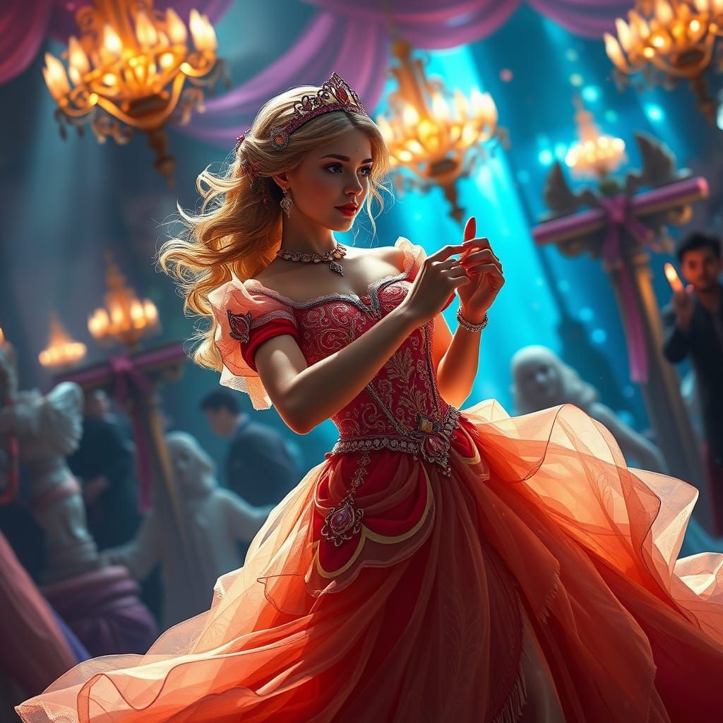 Fantastical Princess in a Vibrant Ballroom Scene