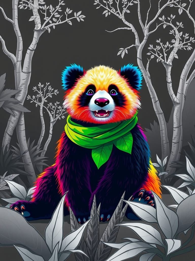 A portrait of a rainbow colured panda in a Black white jungle
4k resolution
