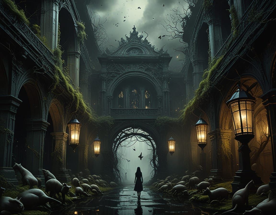 Surreal Girl Surrounded by Glowing Cats in Gothic Dreamscape