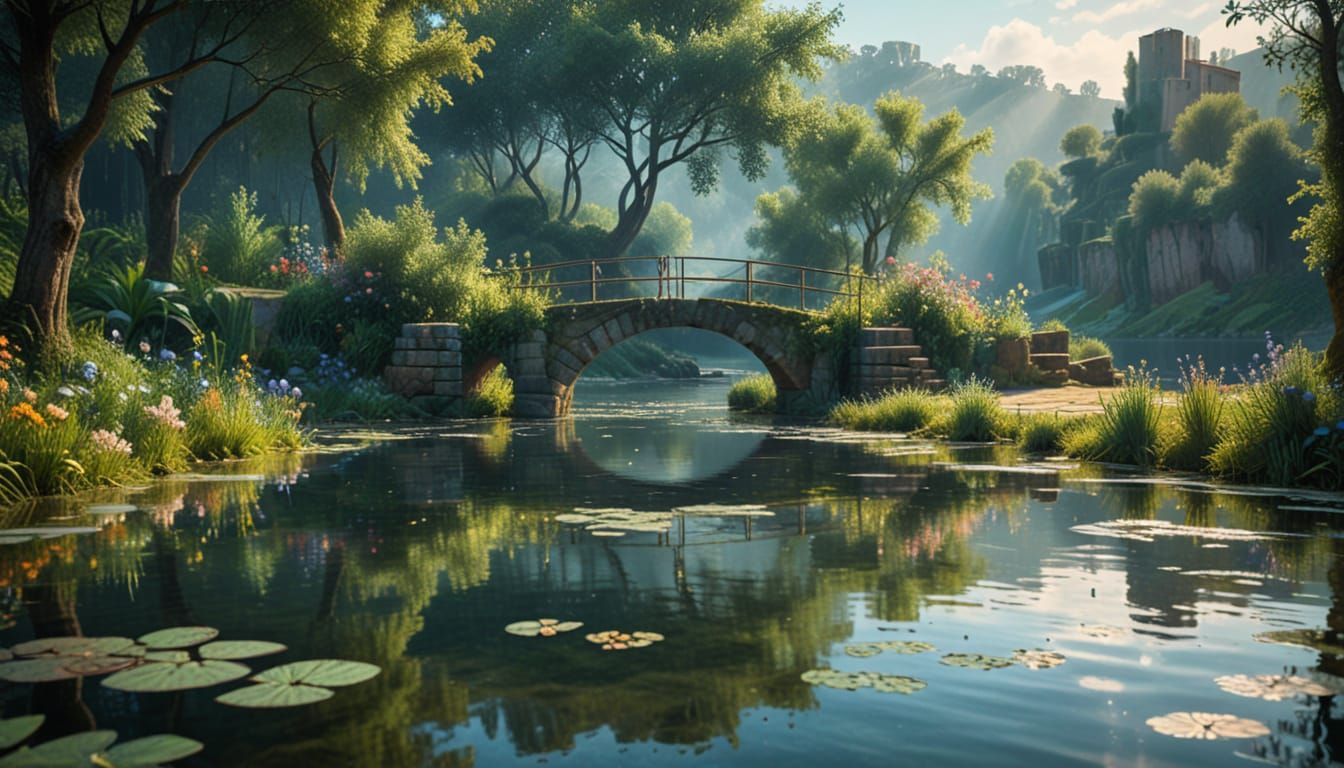 Cubist Dreamscapes: Serene Lake Scene