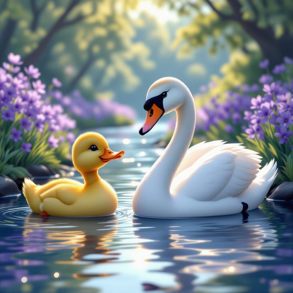 Swan and Duck Play by Sparkling River in Hyperdetailed Style