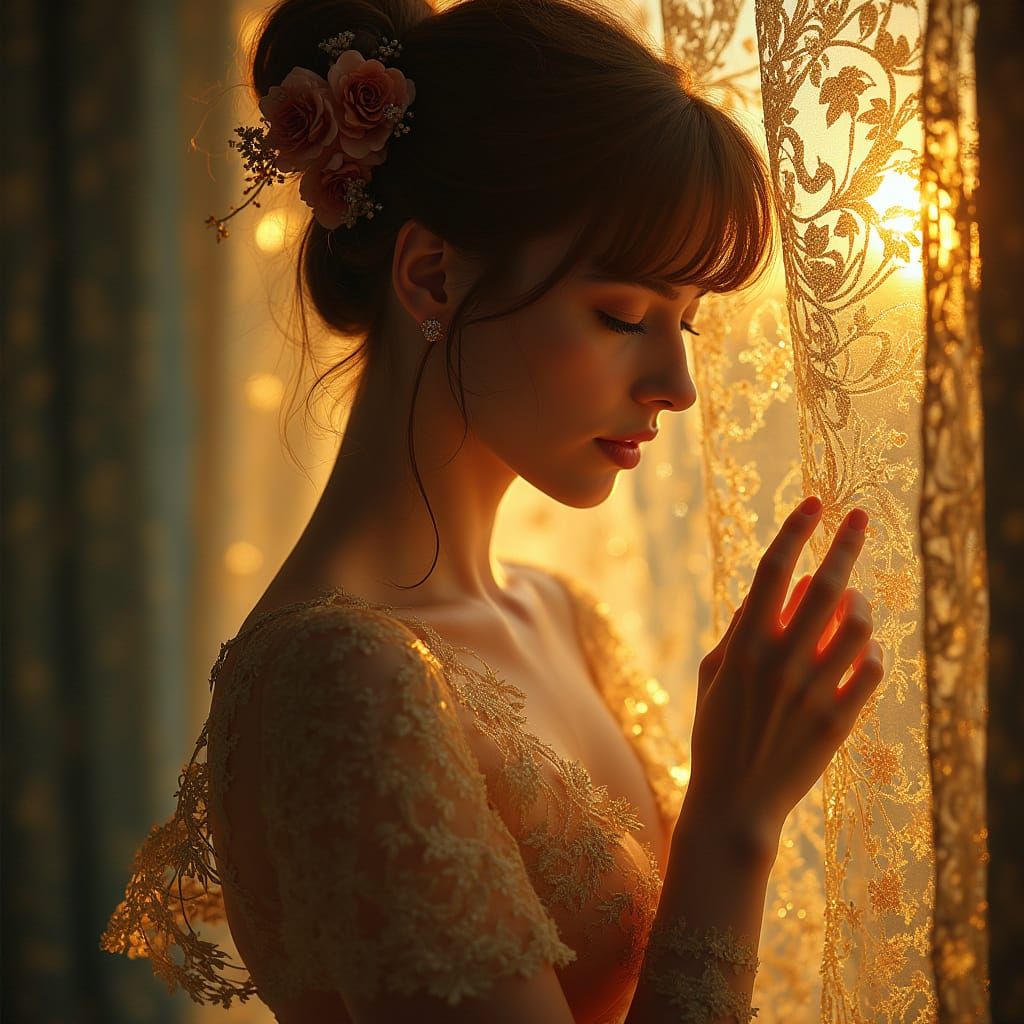 Elegant Woman in Lingerie, Art Nouveau Style