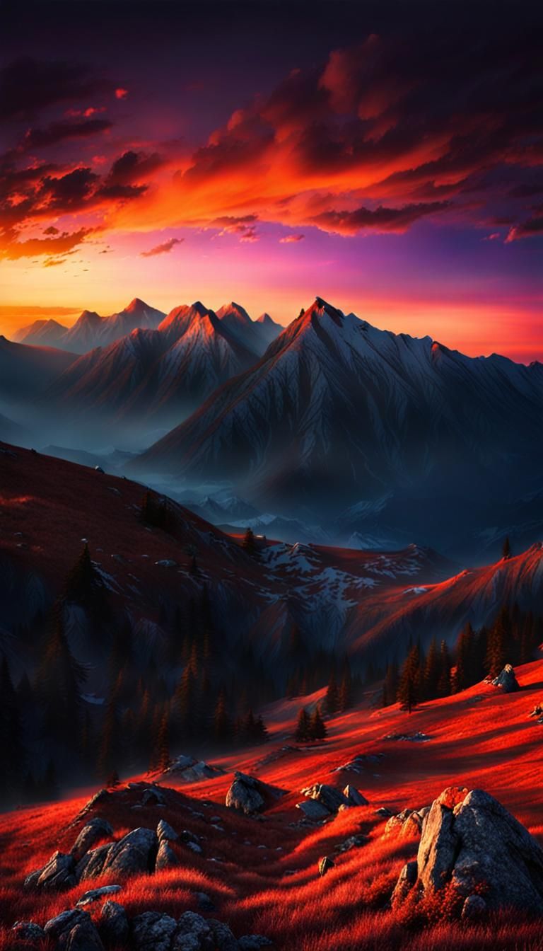 Spooky Sunset Over Breathtaking Mountain Landscape
