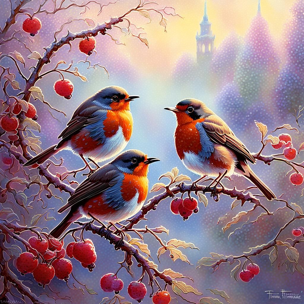 Robin Pair in Berry Bush: Vintage Pastel Painting