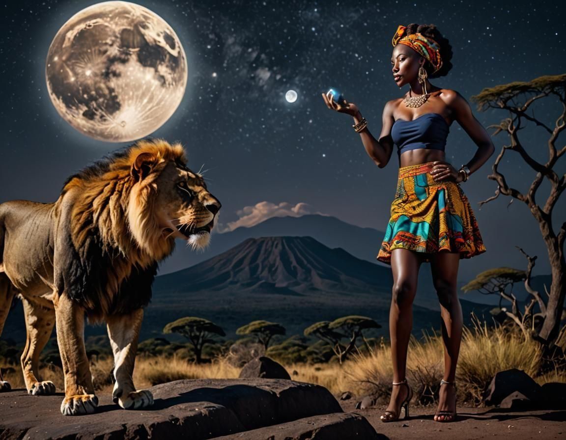 Erotic Photo of Woman with Lion Before Kilimanjaro