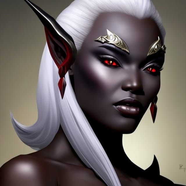 Hyperrealistic Drow Elf Woman with Ram Horns