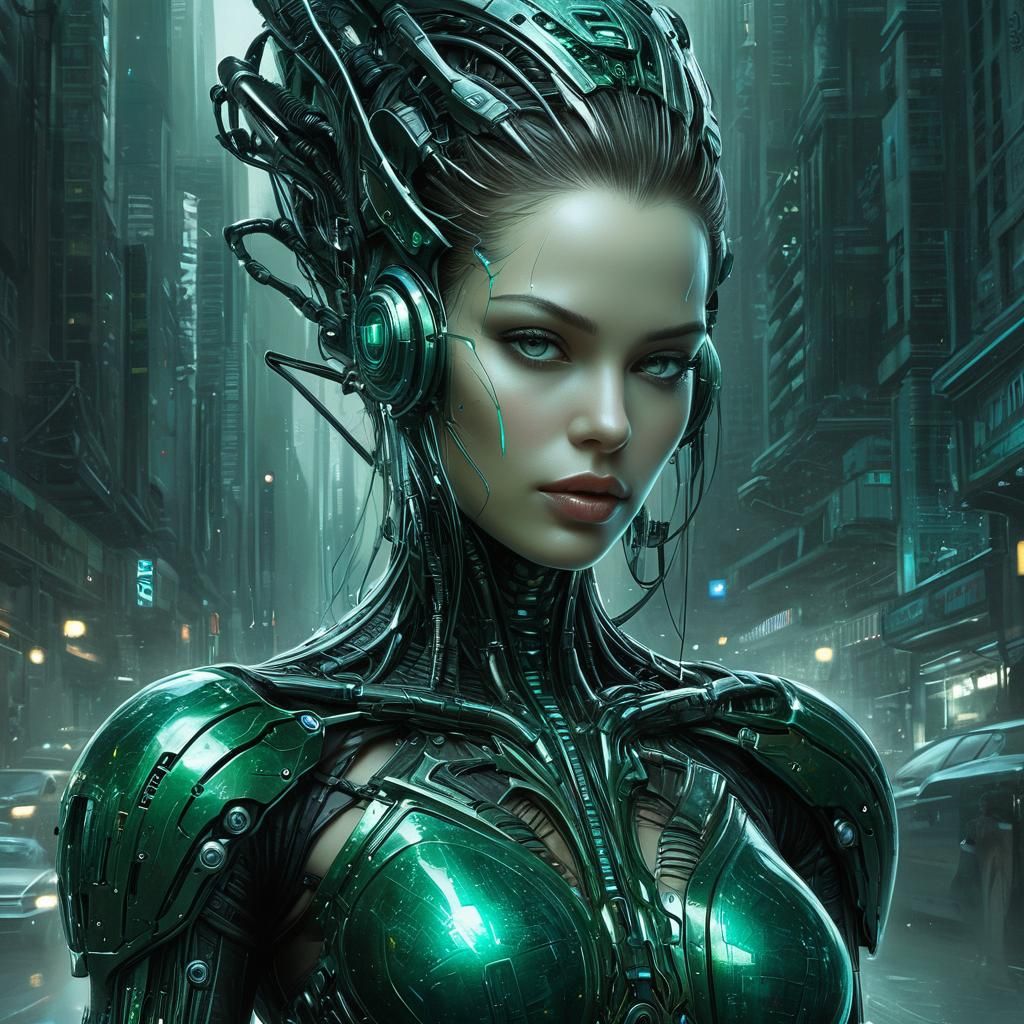 Cybernetic Android Femme Fatale in Neon City