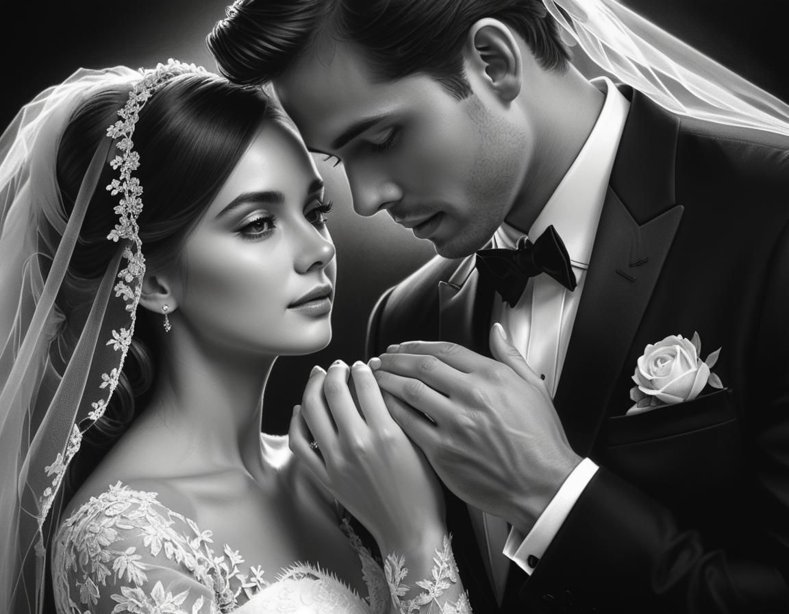 Hyperrealistic Charcoal Portrait of Bride and Groom