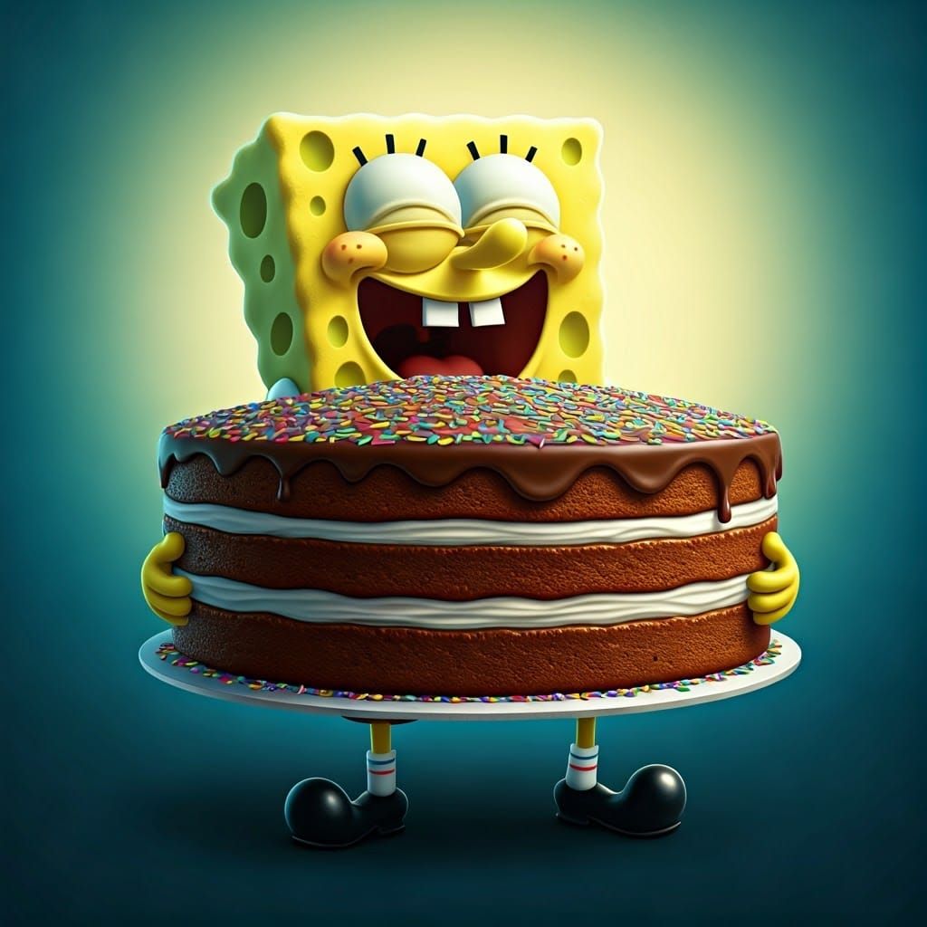 Spongebob Devours Chocolate Cake: 3D Digital Art