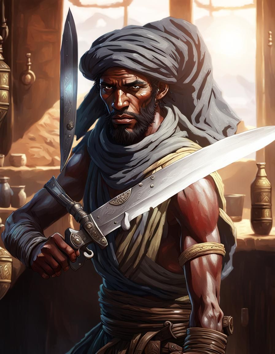 Tuareg Warrior Knife Play: Anime CGI Hyperrealism