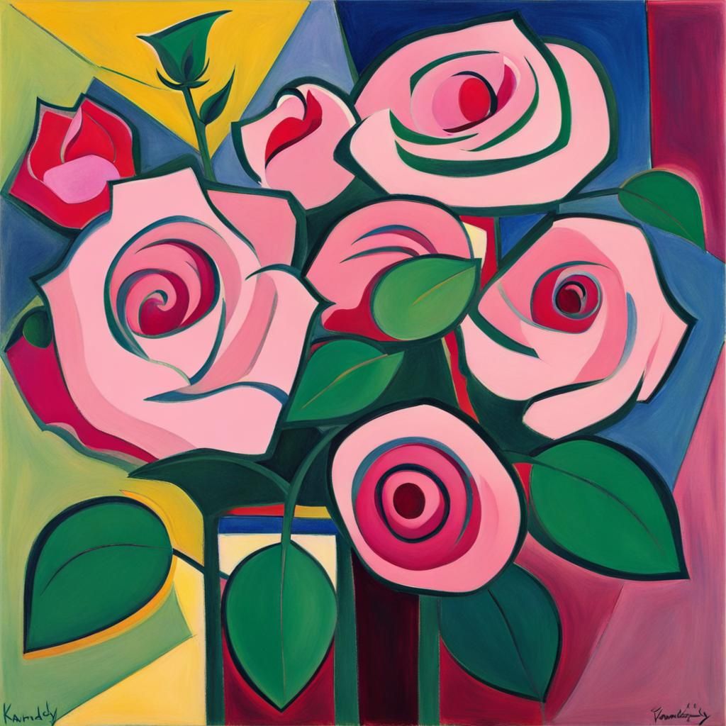 Abstract Pink Roses and Green Leaves, Kandinsky Style