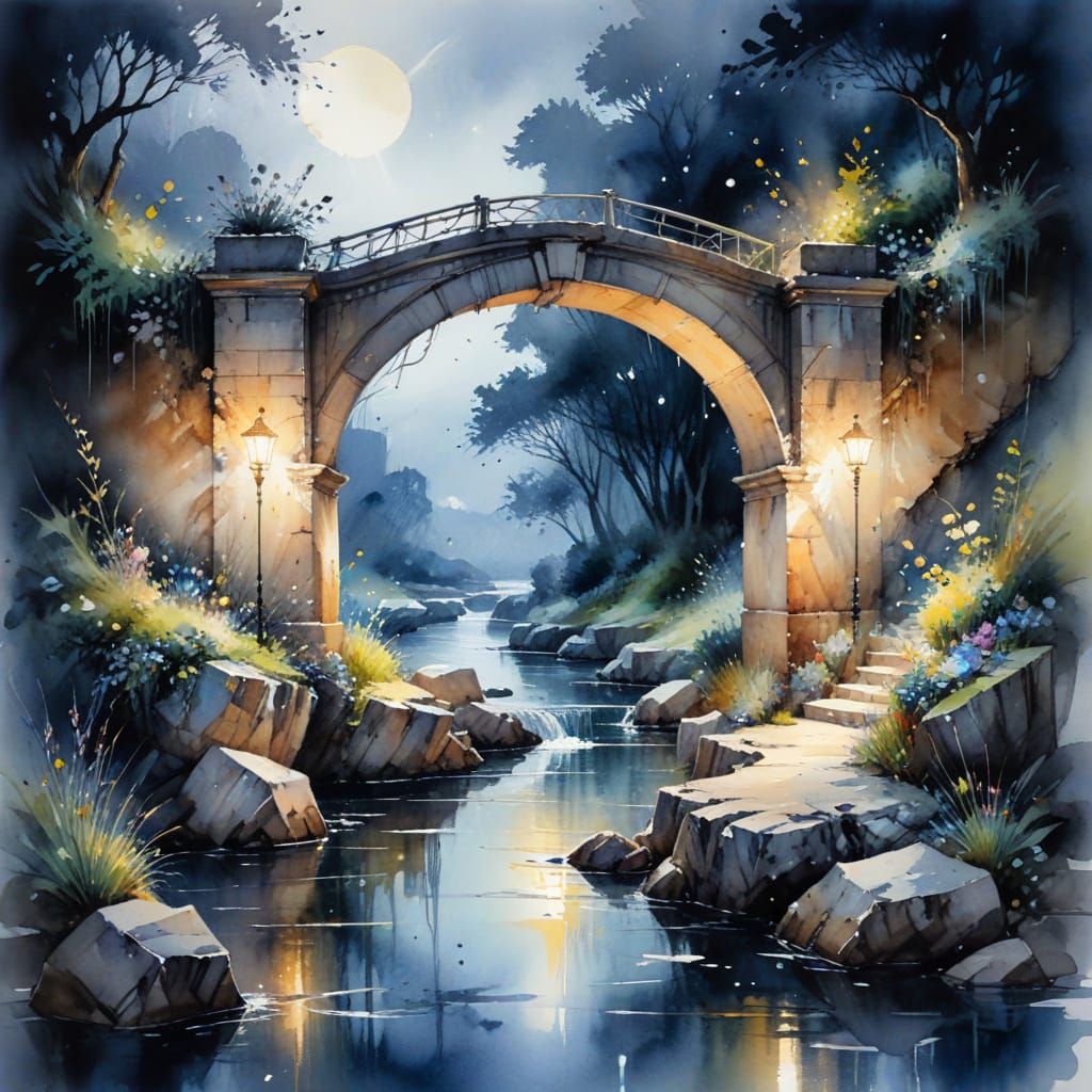 Ethereal Midnight Bridge Beneath the Moonlit River