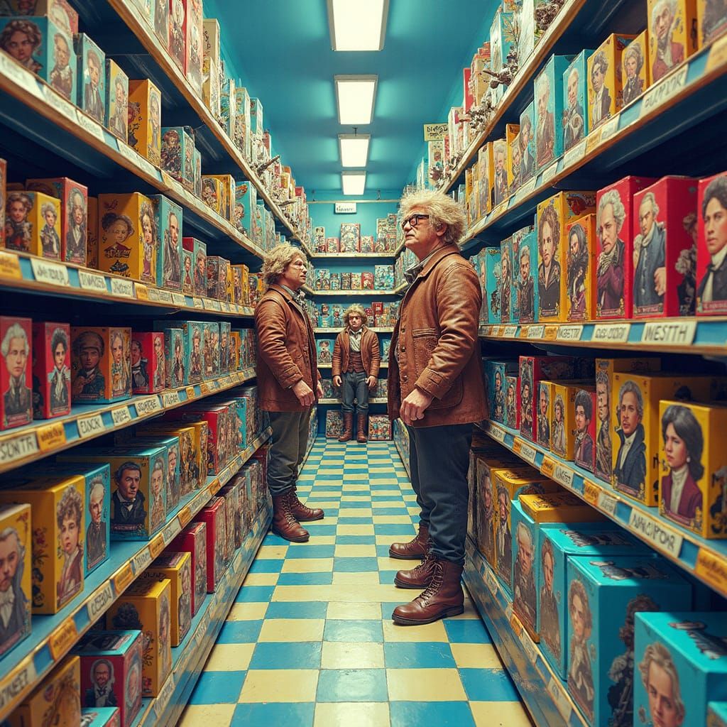 Eccentric Action Figure Composers in a Vibrant Toy Store Ais...