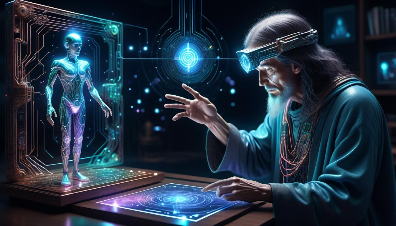 Sorcerer Interacting with Holographic Projection in Magical ...